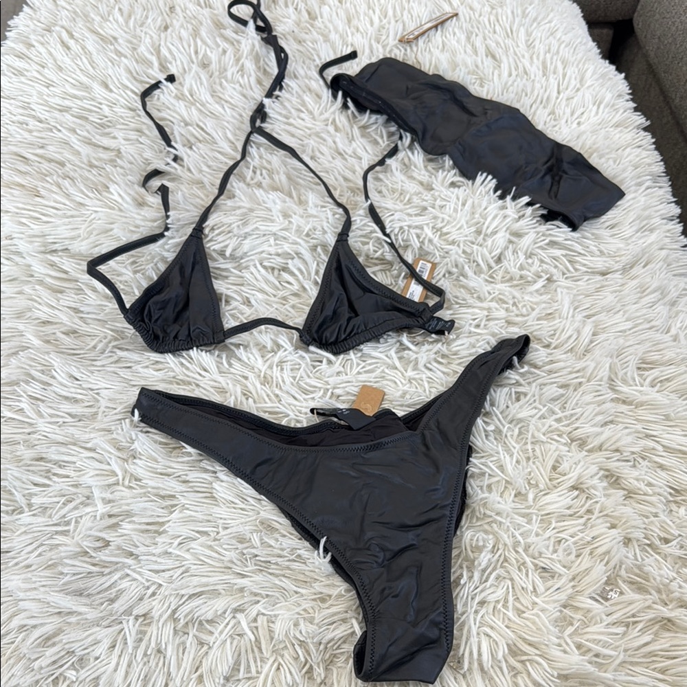 SKIMS SWIM 3 pc set TRIANGLE TOP, TANGA BOTTOM, BANDEAU TOP in PLEATHER.